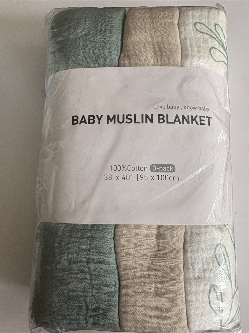Baby Muslin Blanket 3-Pack - Green, Beige, White
